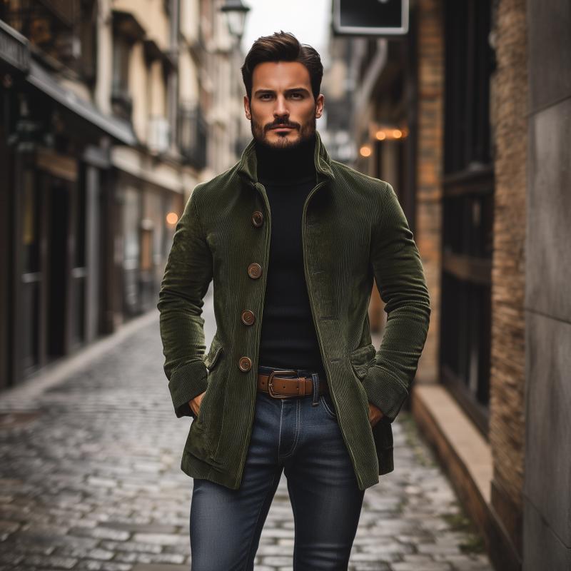 Emerson Men's Corduroy Velvet Coat – Slim Fit with Stand-up Collar & Elegant Side Pockets