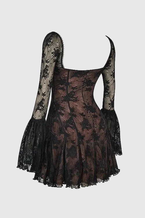 Amaya Women's Lace Corset Mini Dress | Floral Bell Sleeve Going Out Dress | Evening & Smart Casual