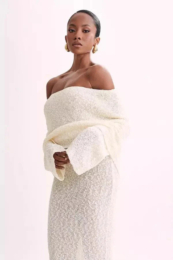 Selah Women's Bouclé Knit Off Shoulder Maxi Dress | Long Sleeve Bodycon | Evening & Smart Casual