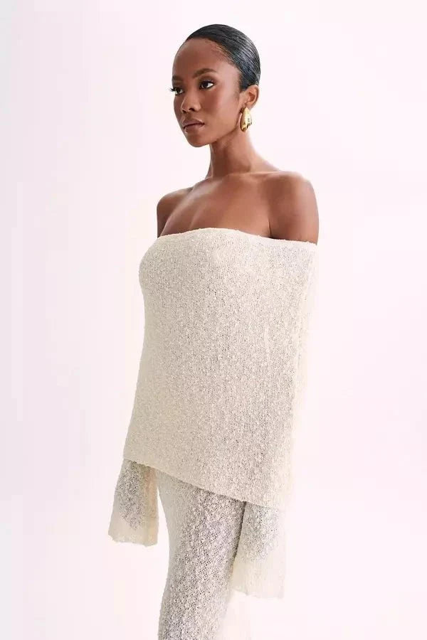 Selah Women's Bouclé Knit Off Shoulder Maxi Dress | Long Sleeve Bodycon | Evening & Smart Casual