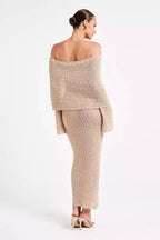 Selah Women's Bouclé Knit Off Shoulder Maxi Dress | Long Sleeve Bodycon | Evening & Smart Casual