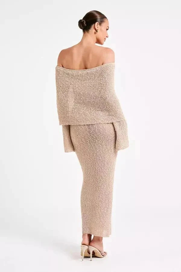 Selah Women's Bouclé Knit Off Shoulder Maxi Dress | Long Sleeve Bodycon | Evening & Smart Casual