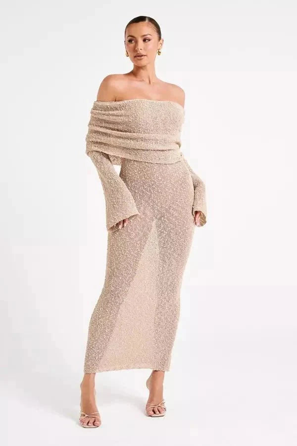 Selah Women's Bouclé Knit Off Shoulder Maxi Dress | Long Sleeve Bodycon | Evening & Smart Casual