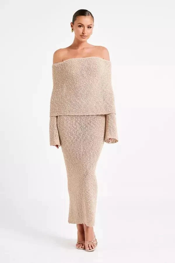 Selah Women's Bouclé Knit Off Shoulder Maxi Dress | Long Sleeve Bodycon | Evening & Smart Casual