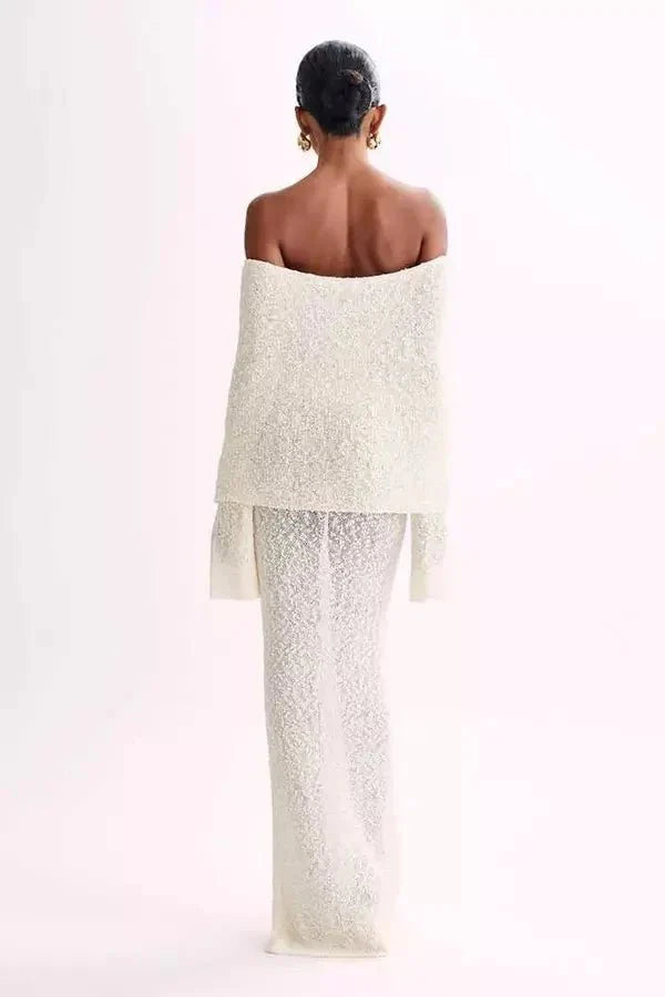 Selah Women's Bouclé Knit Off Shoulder Maxi Dress | Long Sleeve Bodycon | Evening & Smart Casual