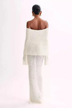 Selah Women's Bouclé Knit Off Shoulder Maxi Dress | Long Sleeve Bodycon | Evening & Smart Casual