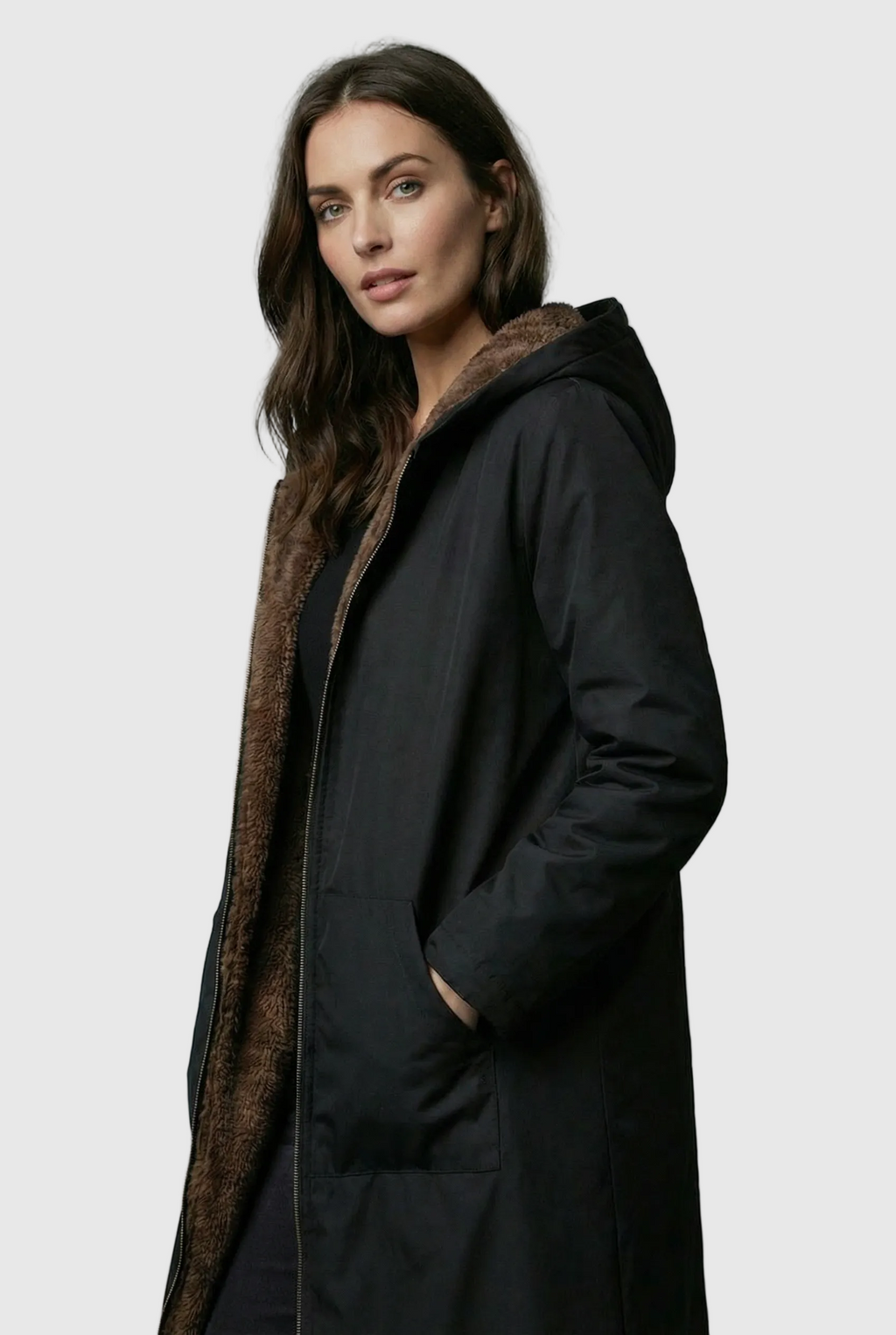 Women’s Elegant Black Plush-Lined Hooded Long Coat