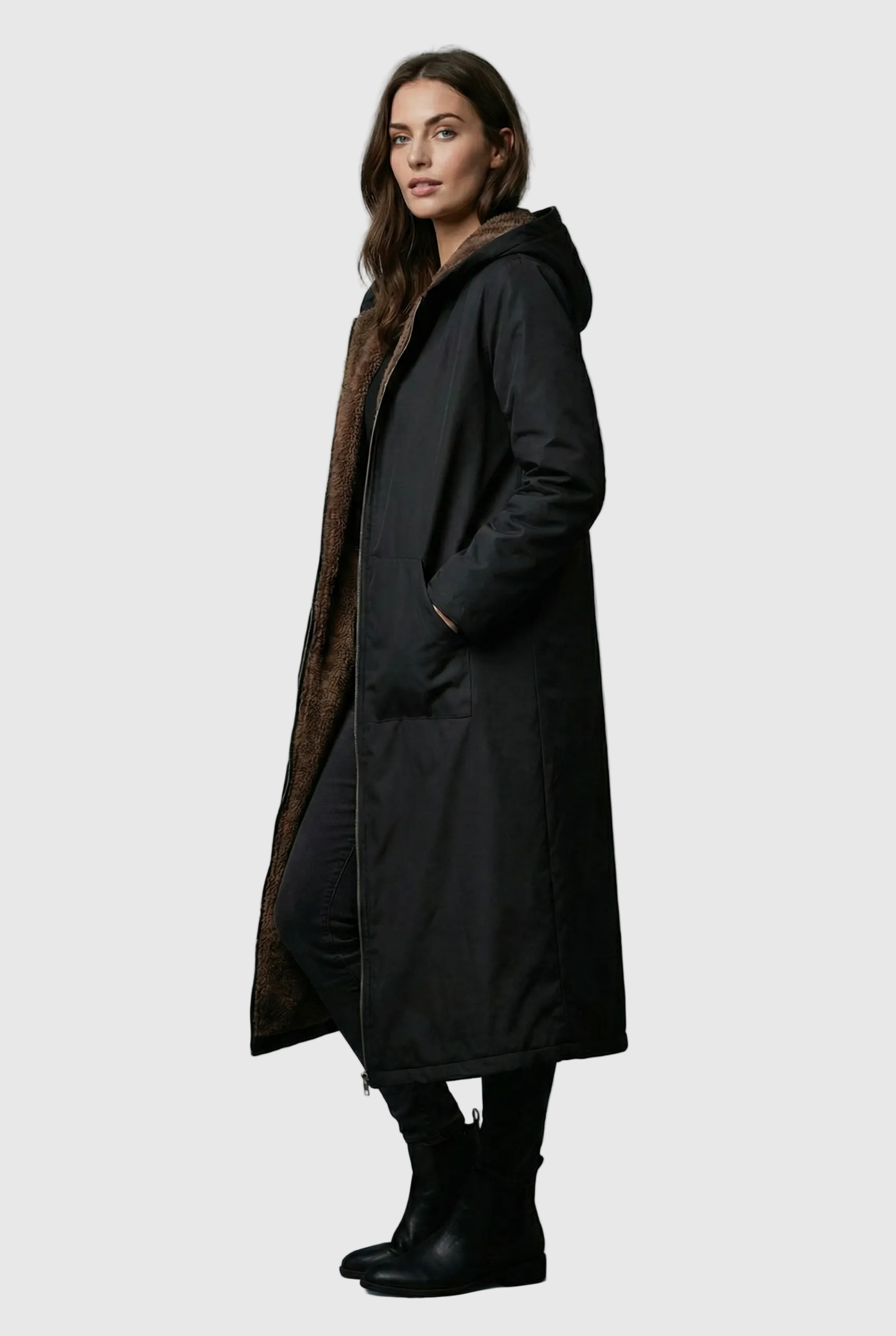 Women’s Elegant Black Plush-Lined Hooded Long Coat
