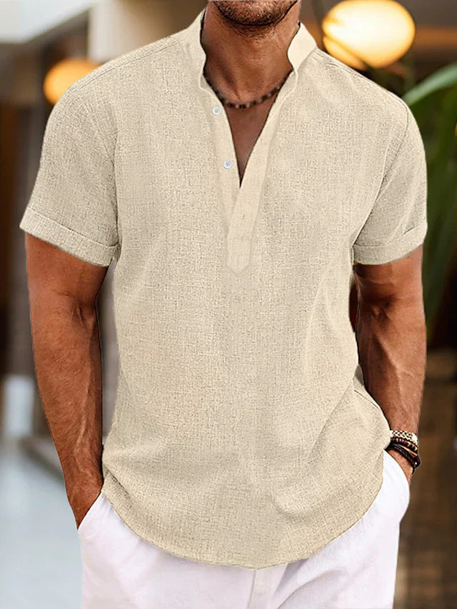Linen Shirt for Men Silas – Breathable Summer Shirt with Henley Collar & Short Sleeves